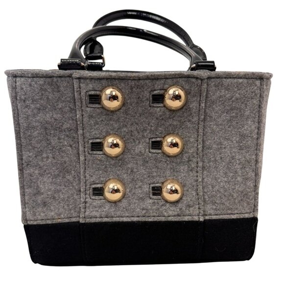 NWOT Kate Spade Black & Gray Wool Blend Tote Bag Gold Button Polka Dot Interior - Picture 1 of 12
